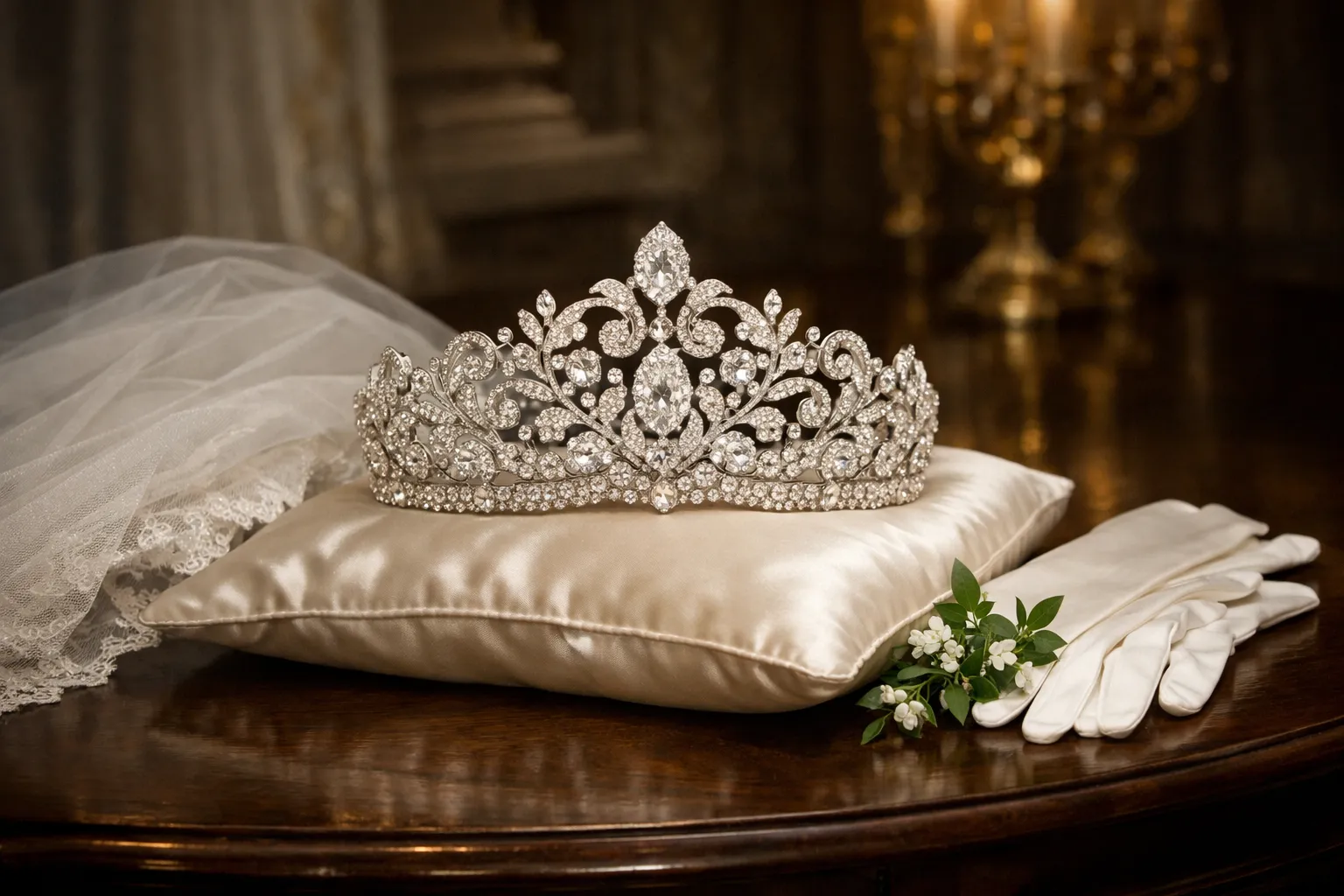 Nature morte : un diadème en diamants posé sur un coussin de satin, avec voile, gants blancs et brin de myrte