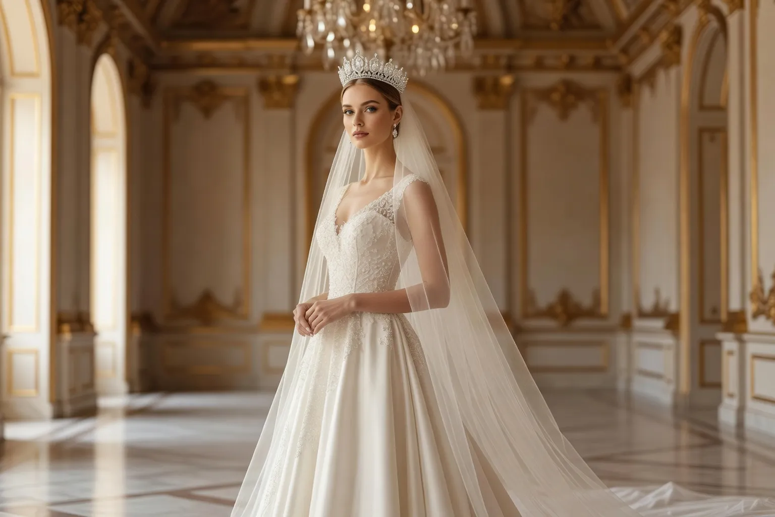 Mariée élégante en robe de princesse portant un diadème de diamants sur un voile de tulle, vue de trois quarts avec une large marge au-dessus de la tête