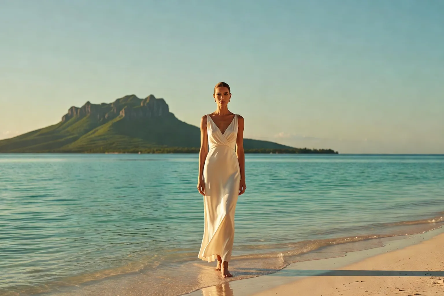 Jeune mariée en robe de soie claire au bord d'un lagon, avec une montagne verte en arrière-plan