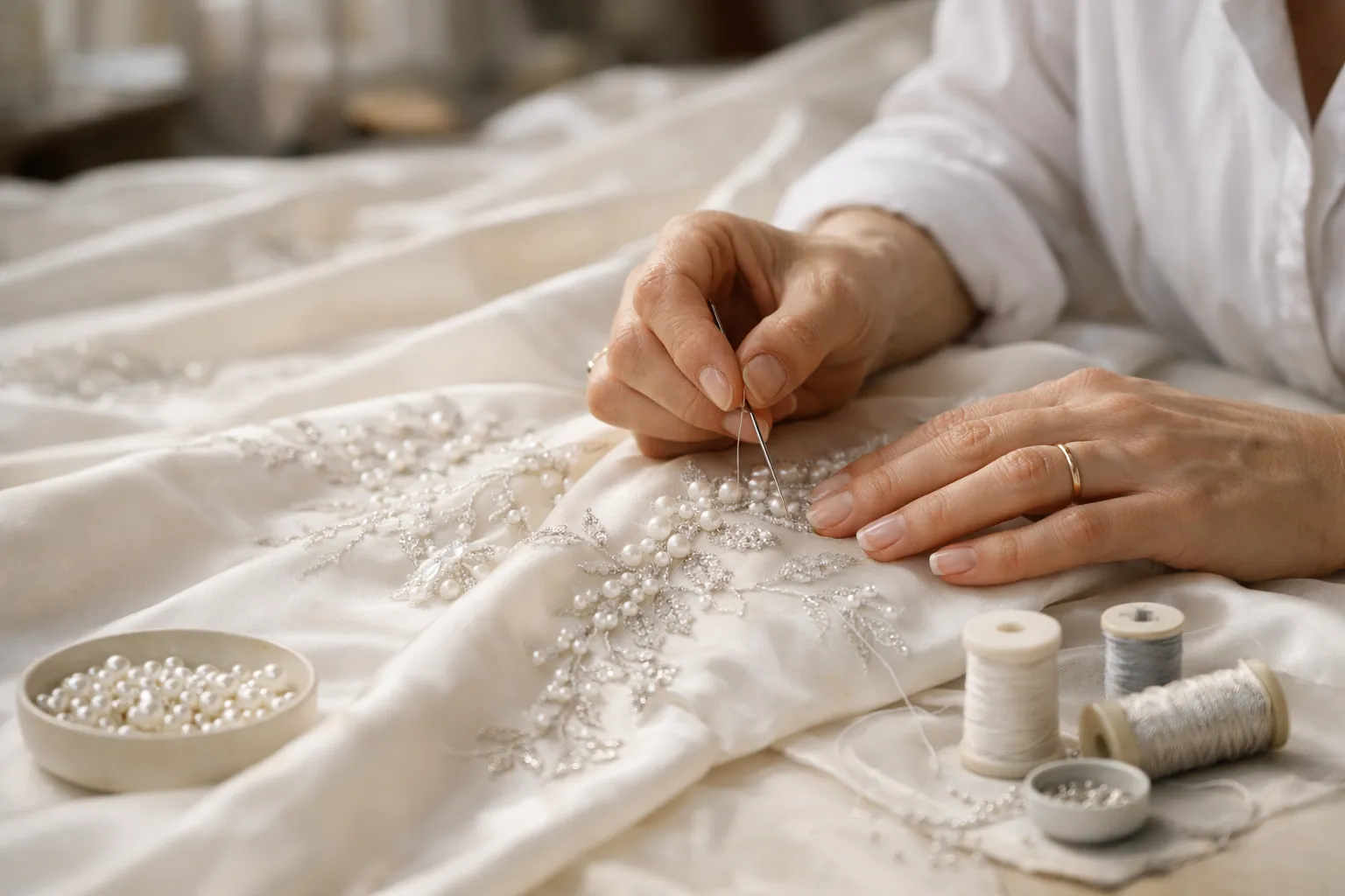 Mains de couturière brodant des perles sur la traîne d'une robe de mariée en soie ivoire