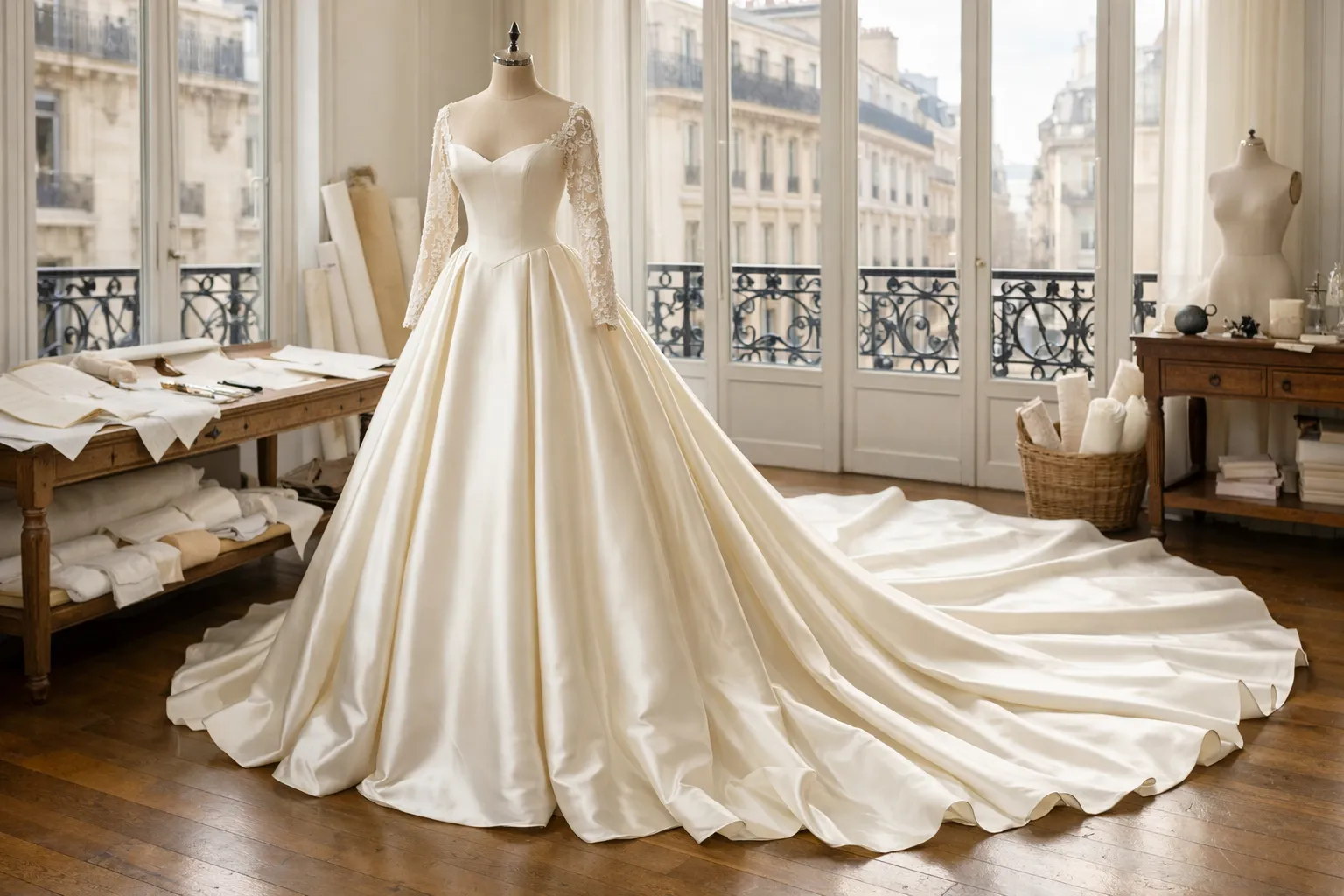 Mannequin de couture portant une robe de princesse en satin duchesse ivoire à très longue traîne, dans un atelier parisien