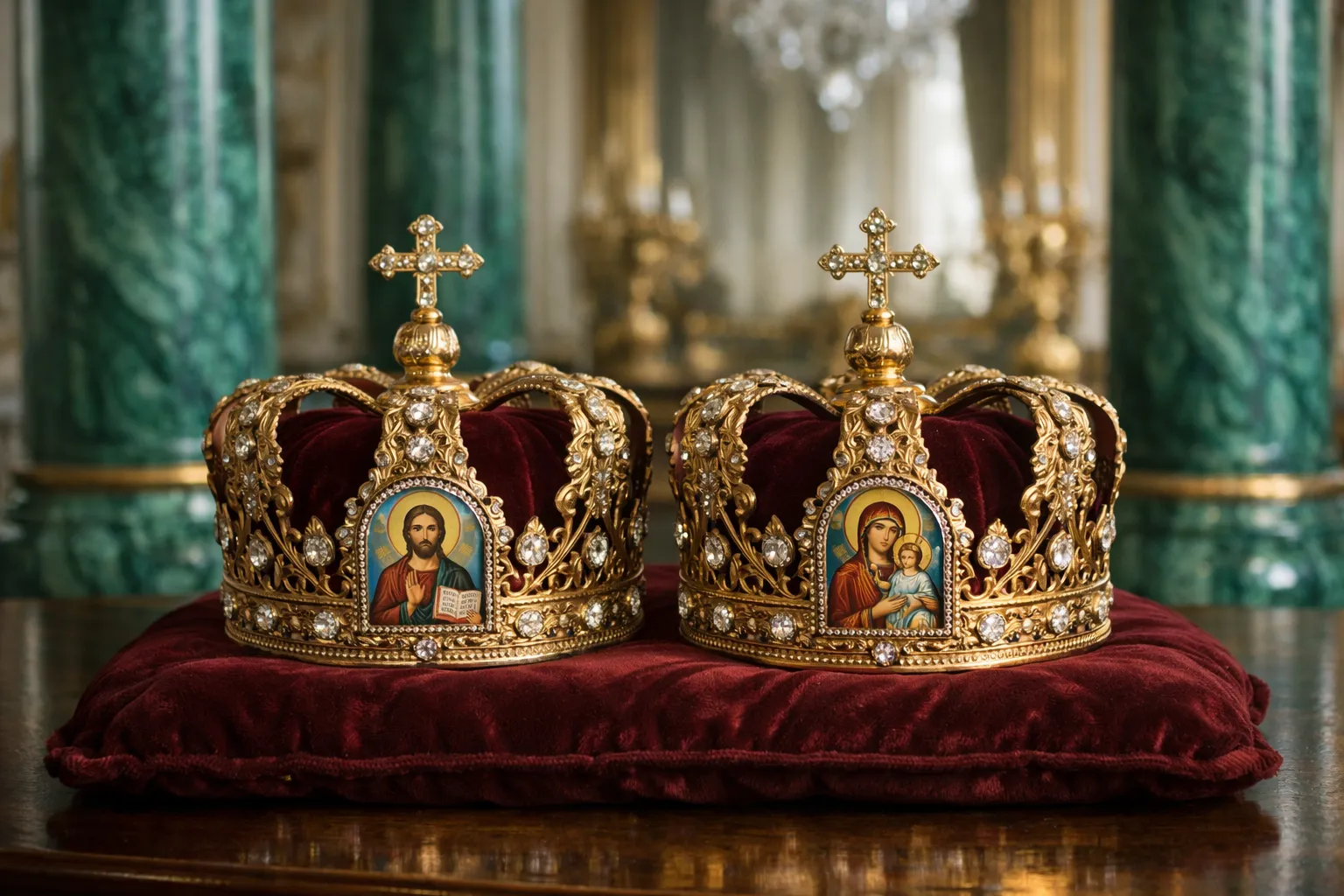 Deux couronnes nuptiales orthodoxes dorées, ornées d'icônes émaillées, sur un coussin de velours rouge