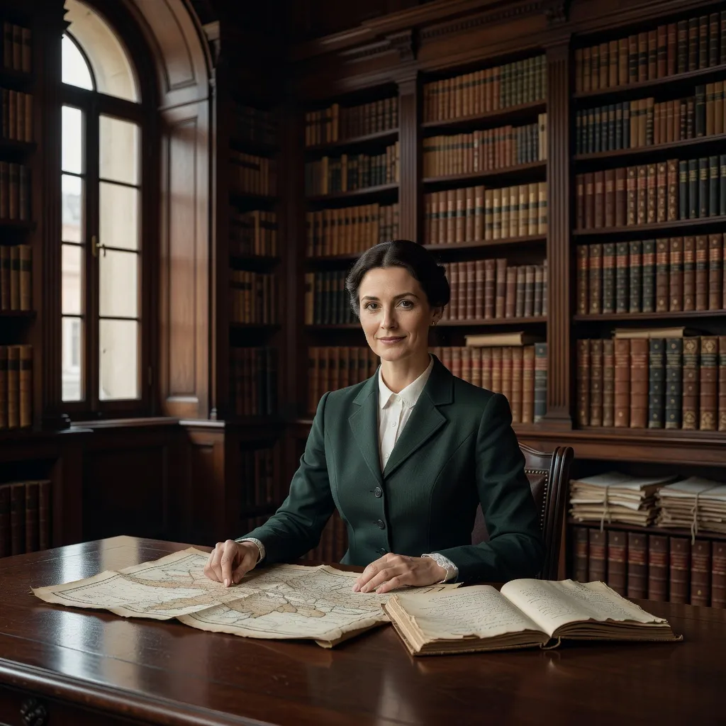 Portrait d'Irène Davydova, historienne du cérémonial, assise devant une carte ancienne dans une bibliothèque