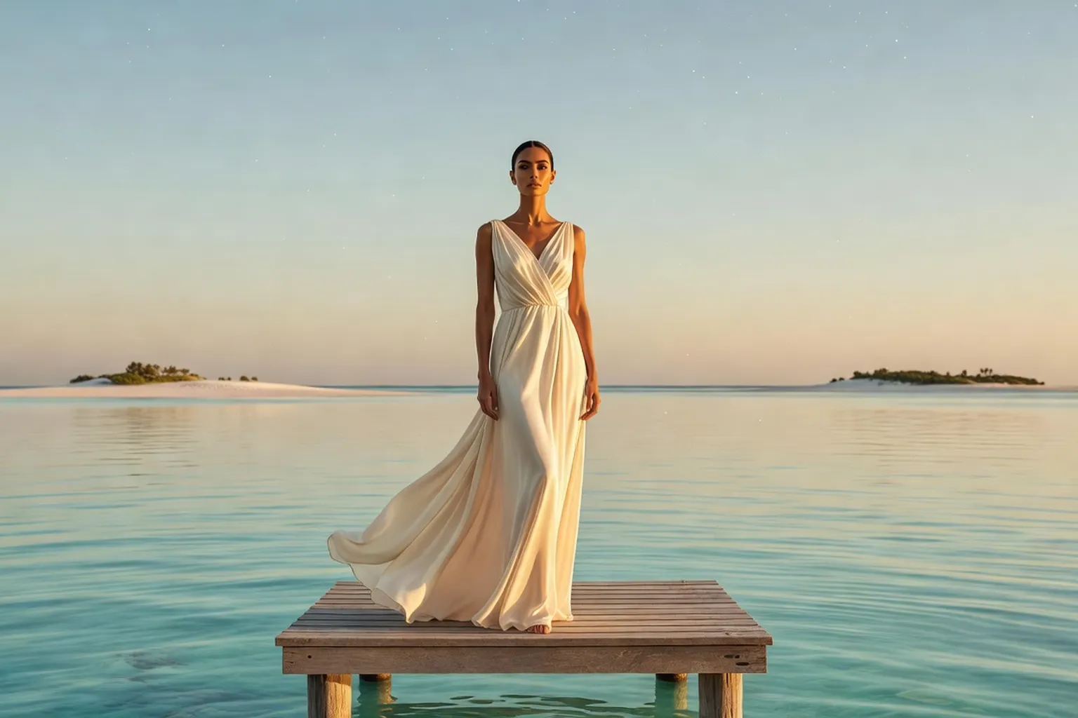 Jeune mariée en robe fluide sur un ponton de bois au-dessus d'un lagon turquoise, atolls en arrière-plan