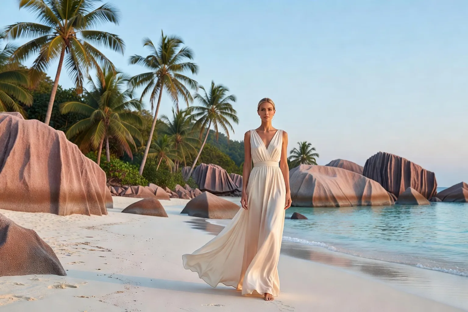 Jeune mariée en robe claire sur une plage de granit rose des Seychelles, palmiers et lagon turquoise en arrière-plan