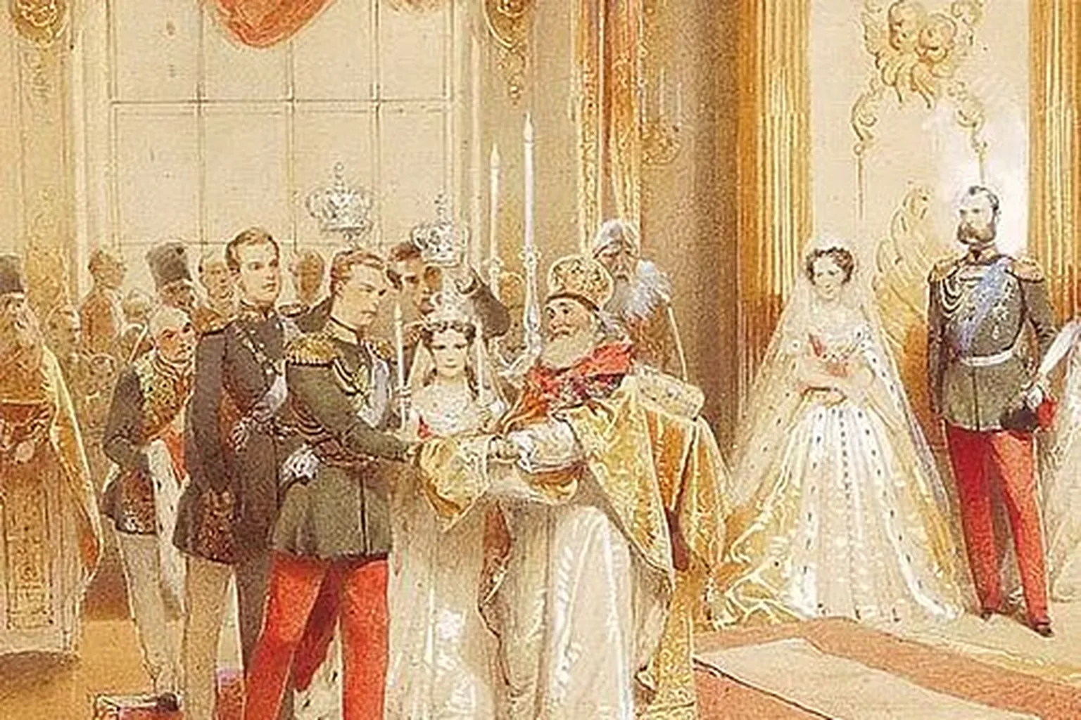 Détail de l'aquarelle de Zichy montrant les mariés lors de la cérémonie