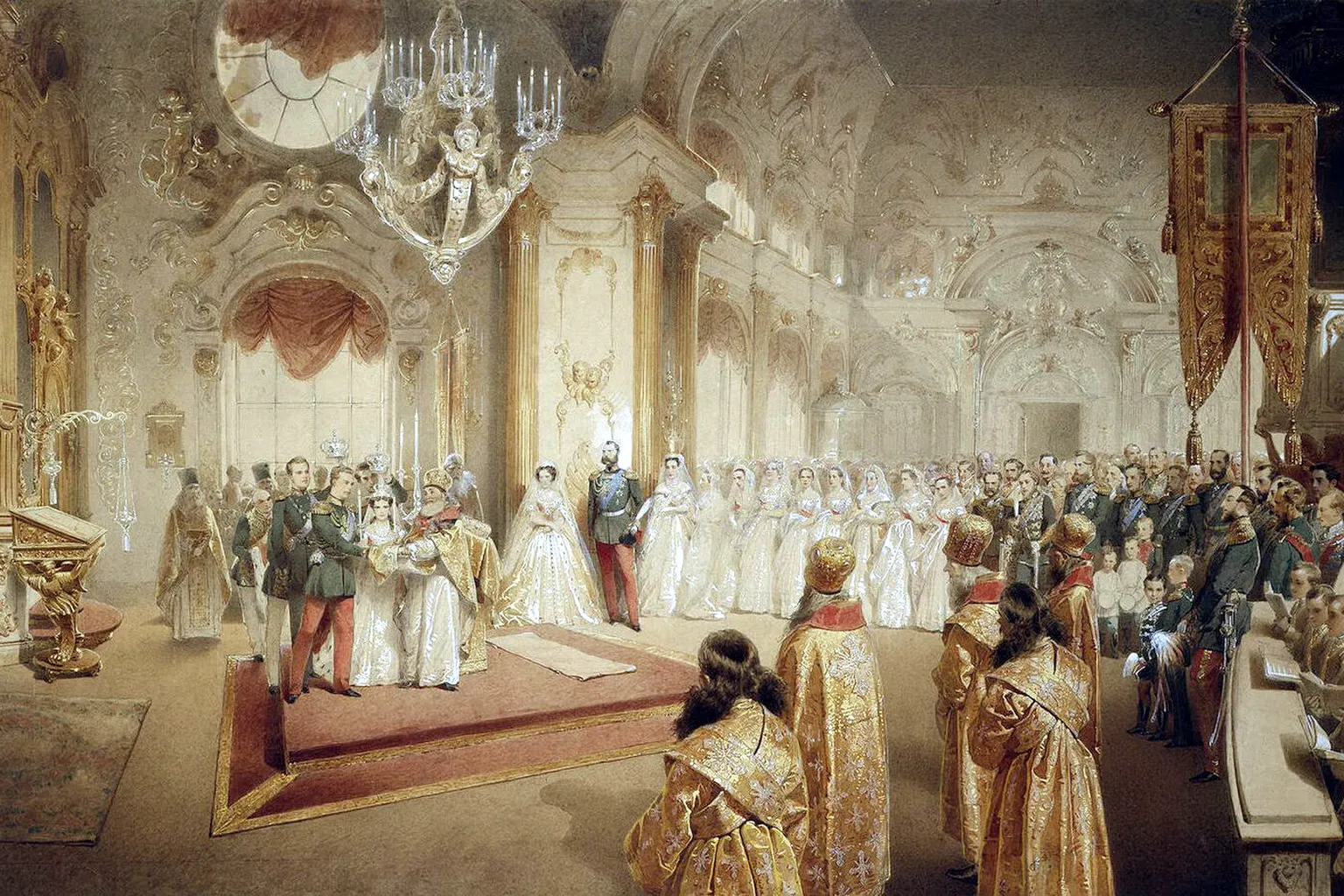 Aquarelle de Mihály Zichy représentant le mariage du grand-duc Alexandre Alexandrovitch et de Maria Feodorovna dans la Grande Église du palais d'Hiver