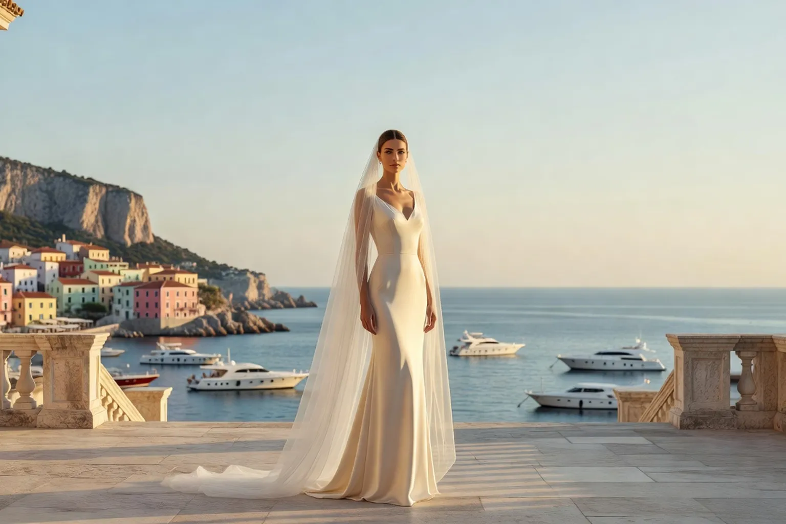 Une mariée en robe fourreau ivoire et voile transparent sur une terrasse de pierre, face à un port aux yachts blancs