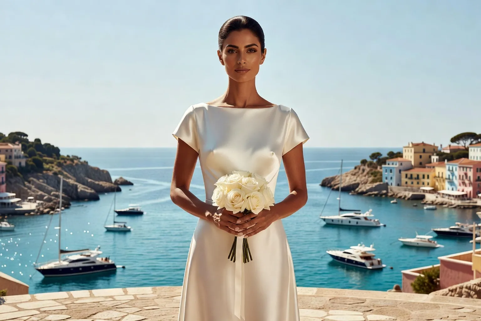 Mariée anonyme en robe de satin ivoire tenant un bouquet de roses blanches, avec un port de la Méditerranée en arrière-plan