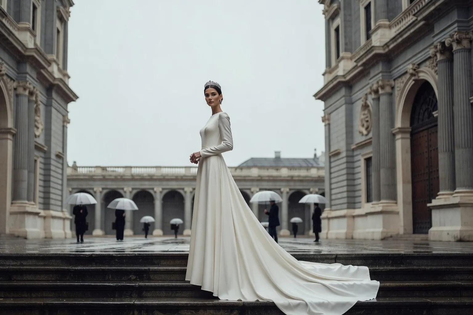 Une mariée en robe ivoire à longue traîne et diadème sur des marches mouillées, des passants sous des parapluies transparents derrière elle