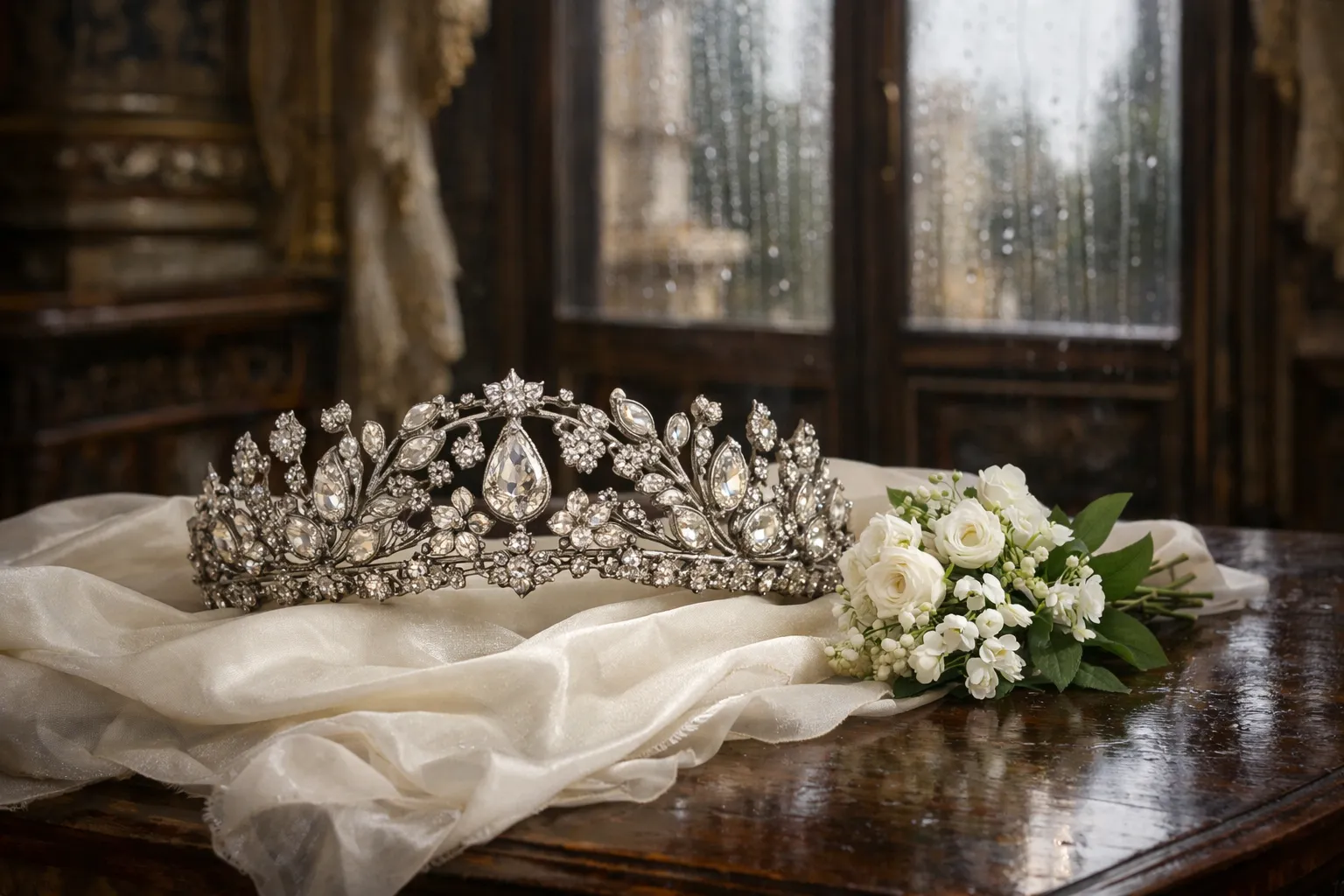 Un diadème de diamants en guirlande posé sur un voile de soie, près d'un bouquet blanc, devant une fenêtre ruisselante de pluie