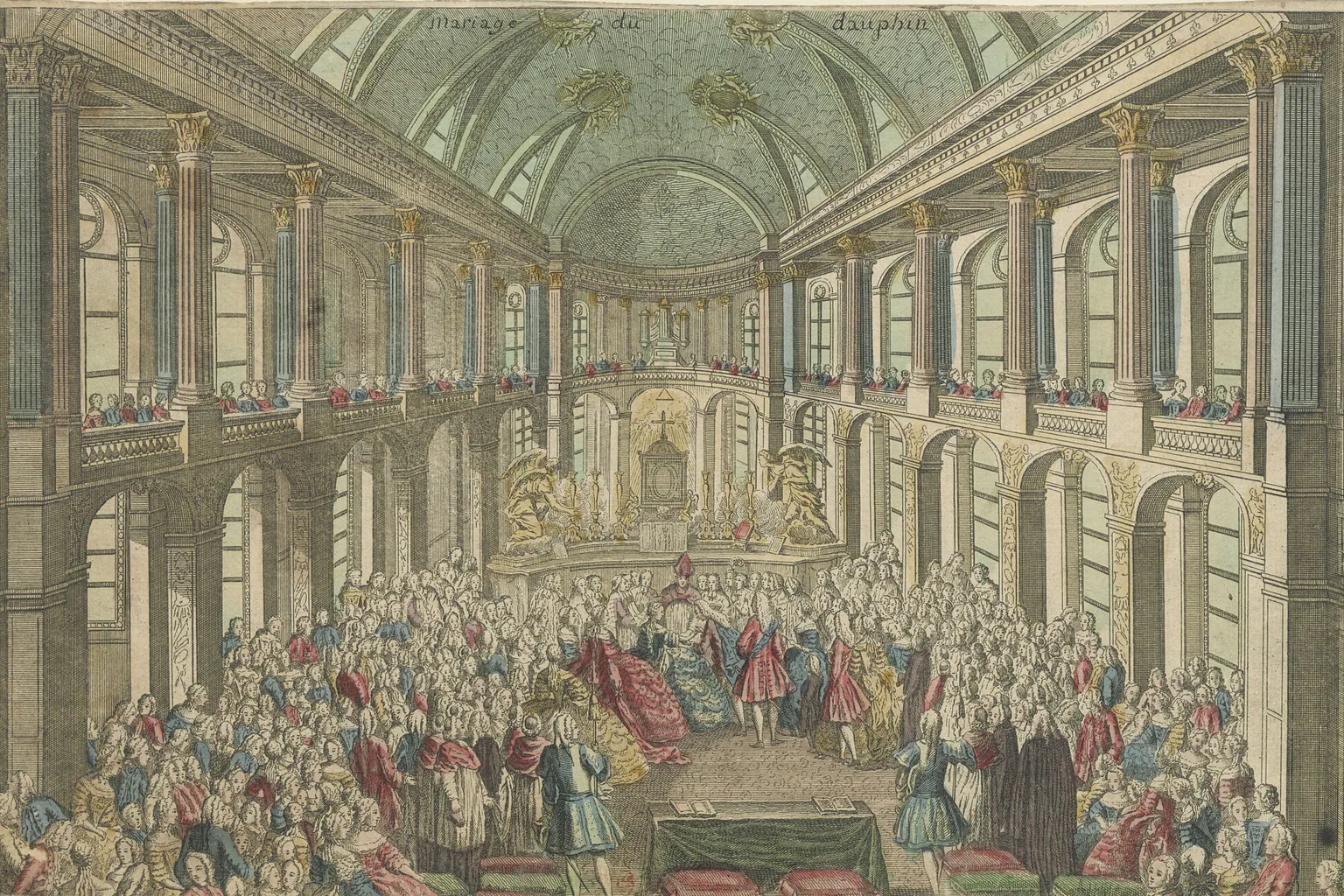 Estampe coloriée du mariage de Louis XVI et de Marie-Antoinette dans la chapelle de Versailles, foule de courtisans autour de l'autel
