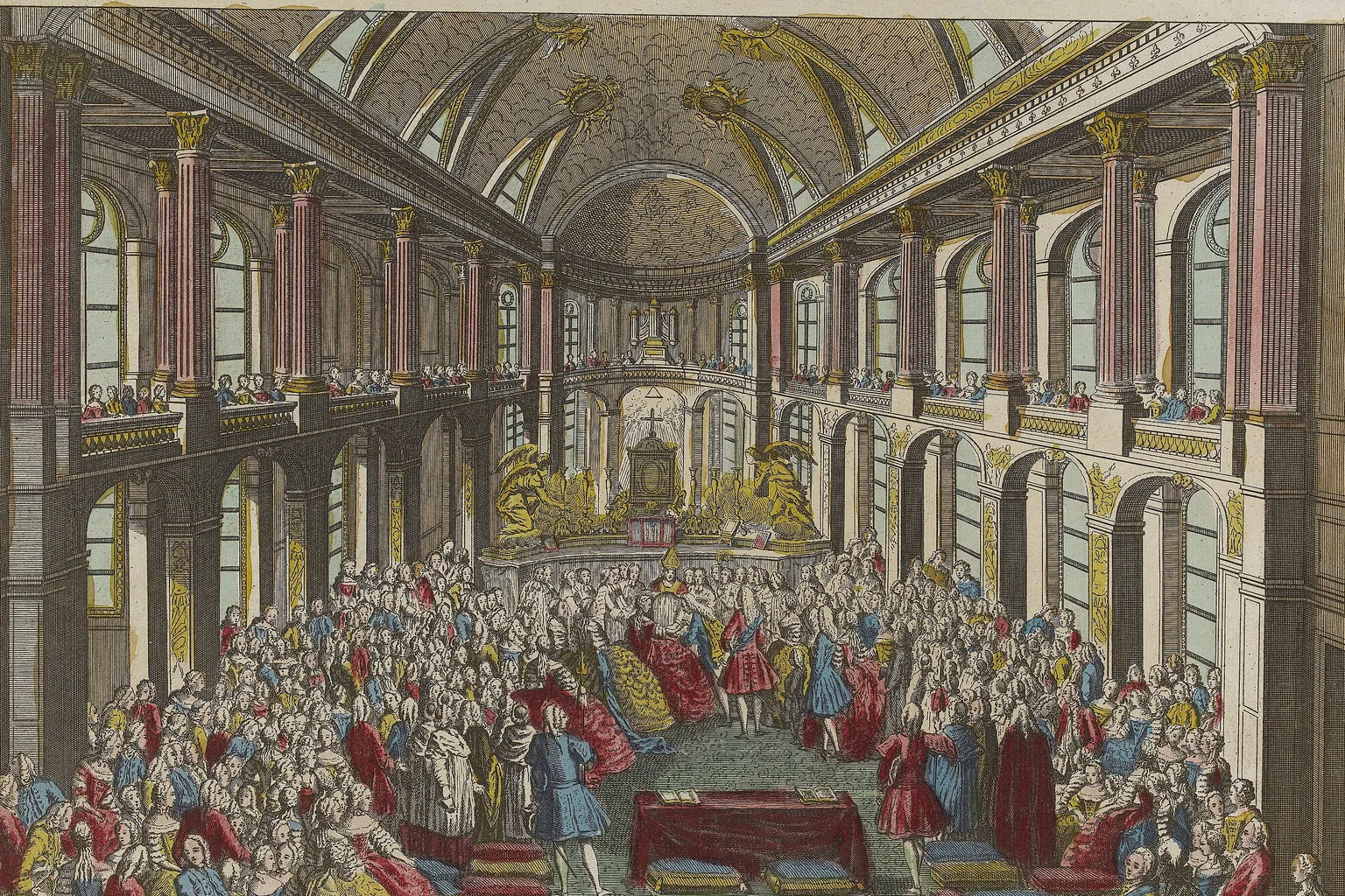 Cérémonie de mariage dans la chapelle royale de Versailles en 1770, vue d'optique coloriée d'époque