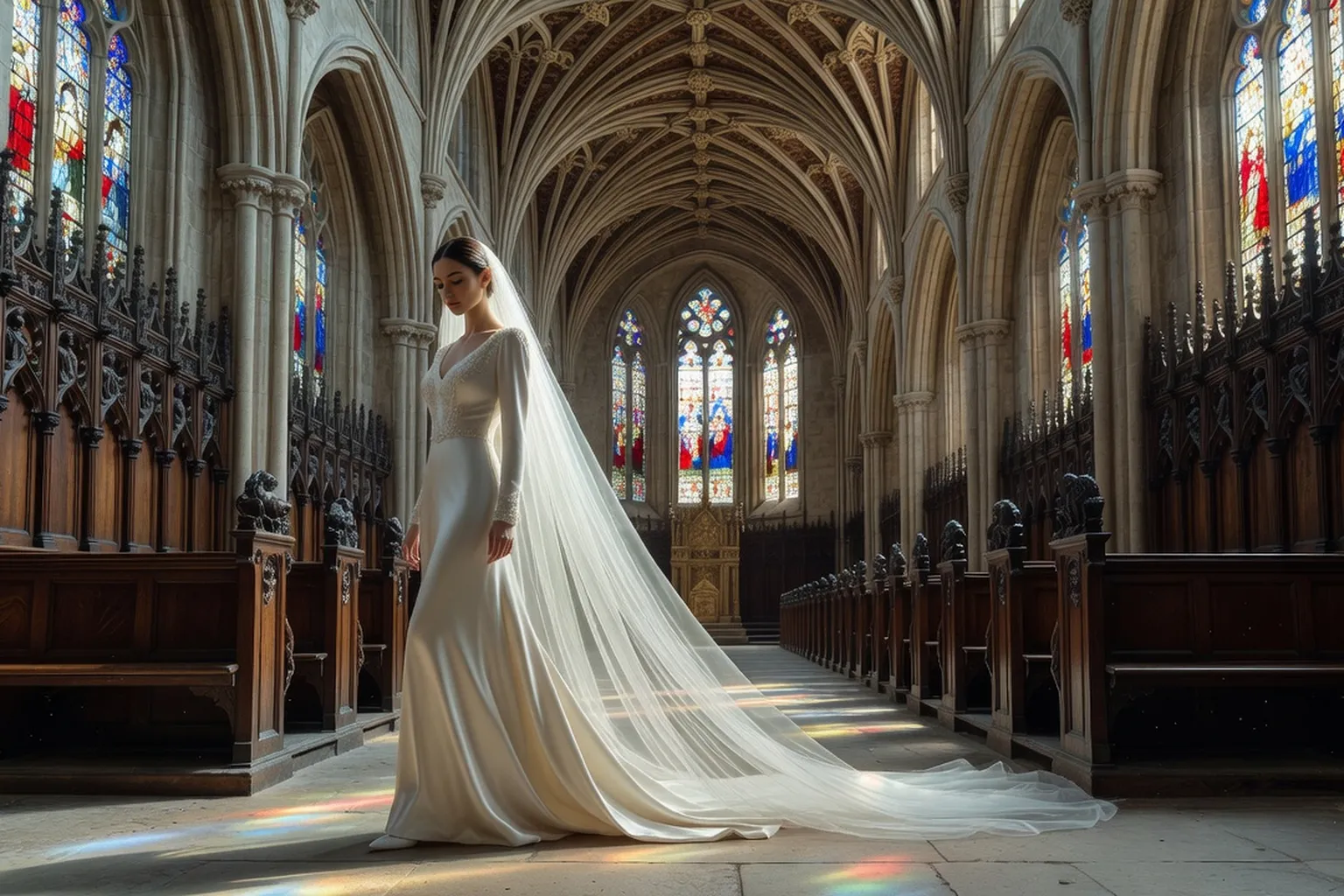 Une mariée en robe de soie ivoire et long voile de tulle marche dans l'allée d'une chapelle gothique aux stalles sculptées