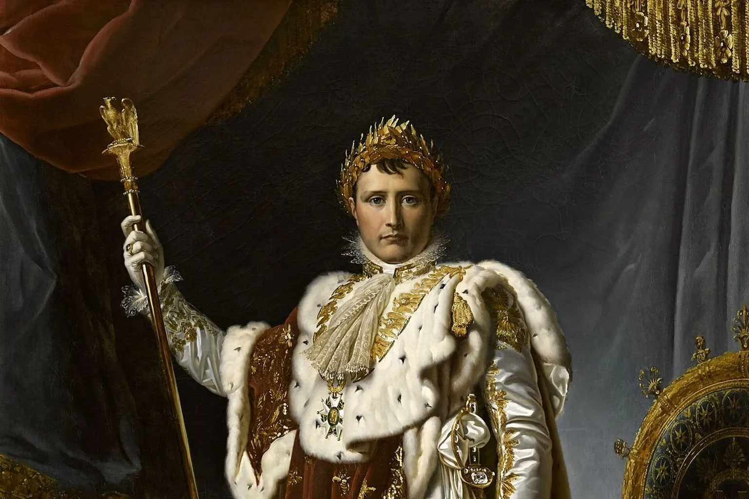 Portrait peint de Napoléon couronné de lauriers, en manteau d'hermine, sceptre à l'aigle en main
