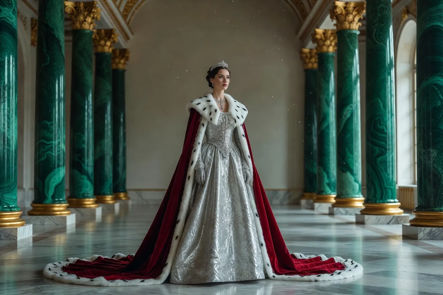Mariée en robe de cour argentée et manteau de velours rouge bordé d'hermine, dans une salle à colonnes de malachite