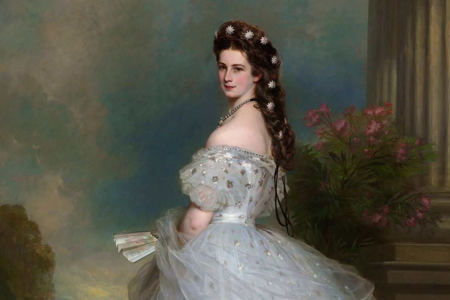 Portrait d'Élisabeth d'Autriche en robe blanche brodée d'étoiles, des étoiles de diamants dans ses cheveux