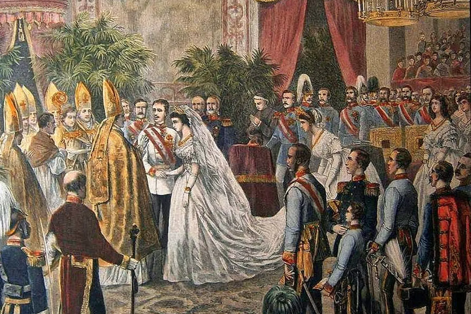 Le mariage de Sissi et de François-Joseph : les mariés devant un évêque en chape dorée, gravure coloriée d'époque