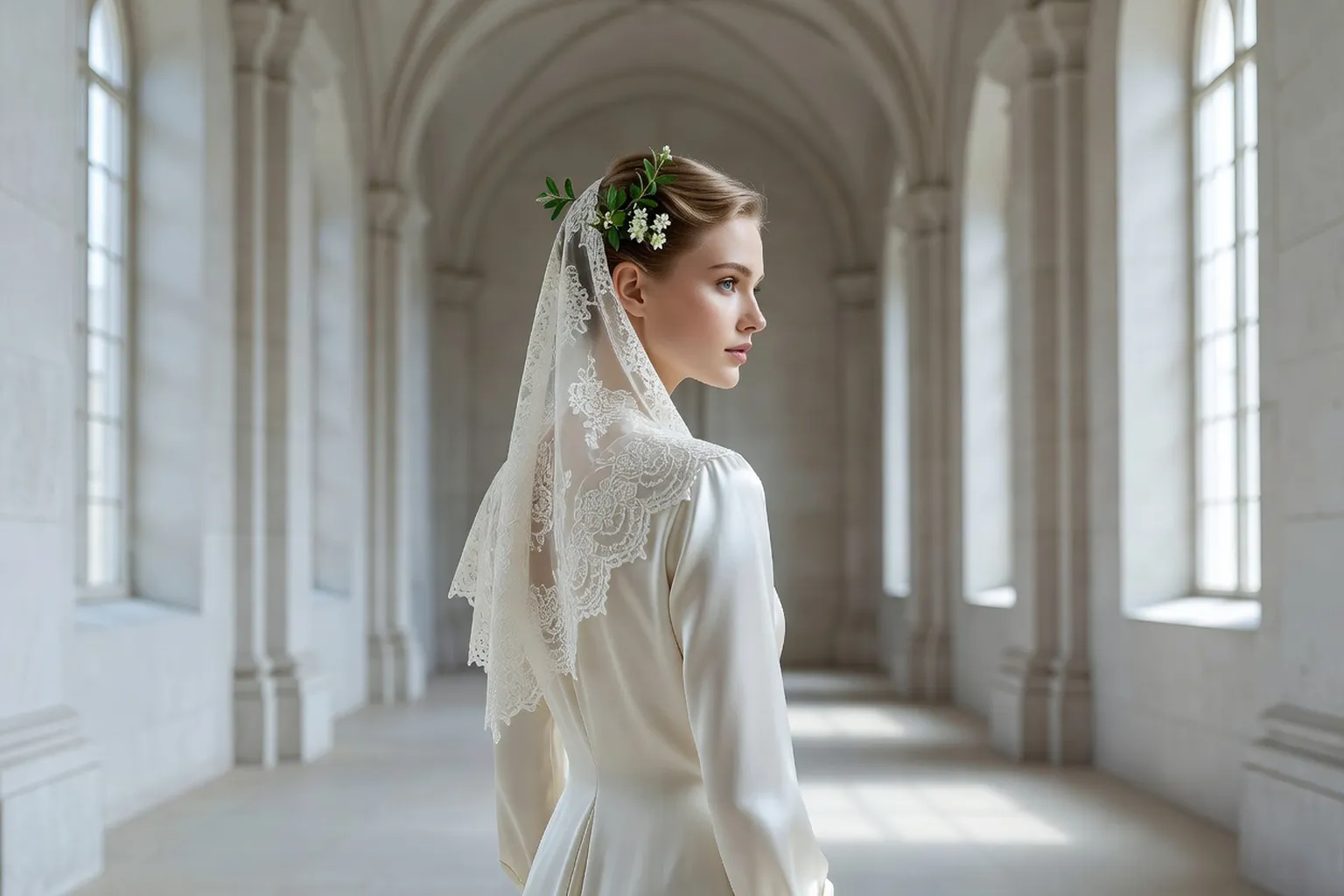 Mariée de dos, voile de dentelle et brin de myrte dans les cheveux, dans une nef claire aux hautes fenêtres