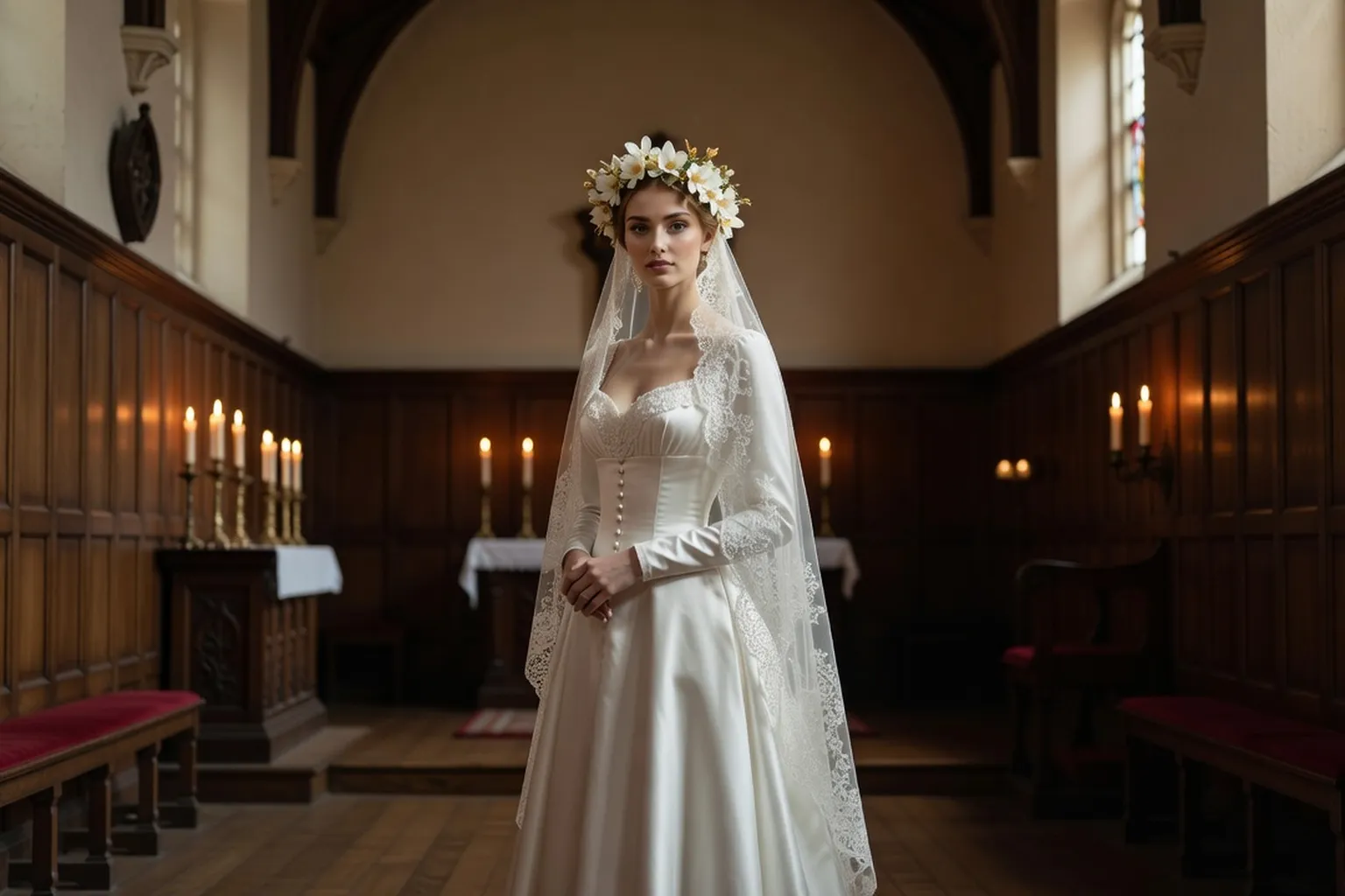 Une mariée en robe de satin blanc, voile de dentelle et couronne de fleurs claires debout dans une chapelle éclairée de bougies