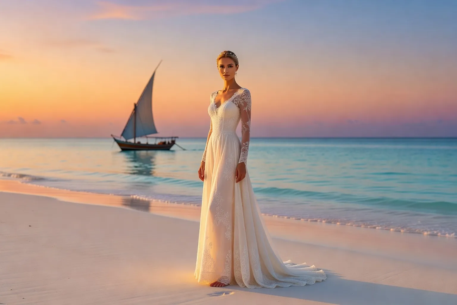 Mariée en robe de dentelle sur une plage de Zanzibar au coucher du soleil, avec un boutre à voile sur la mer