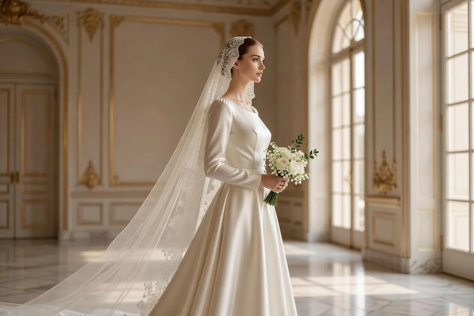 Mariée de profil, voile de dentelle et bouquet blanc au brin de myrte, dans un salon aux hautes fenêtres