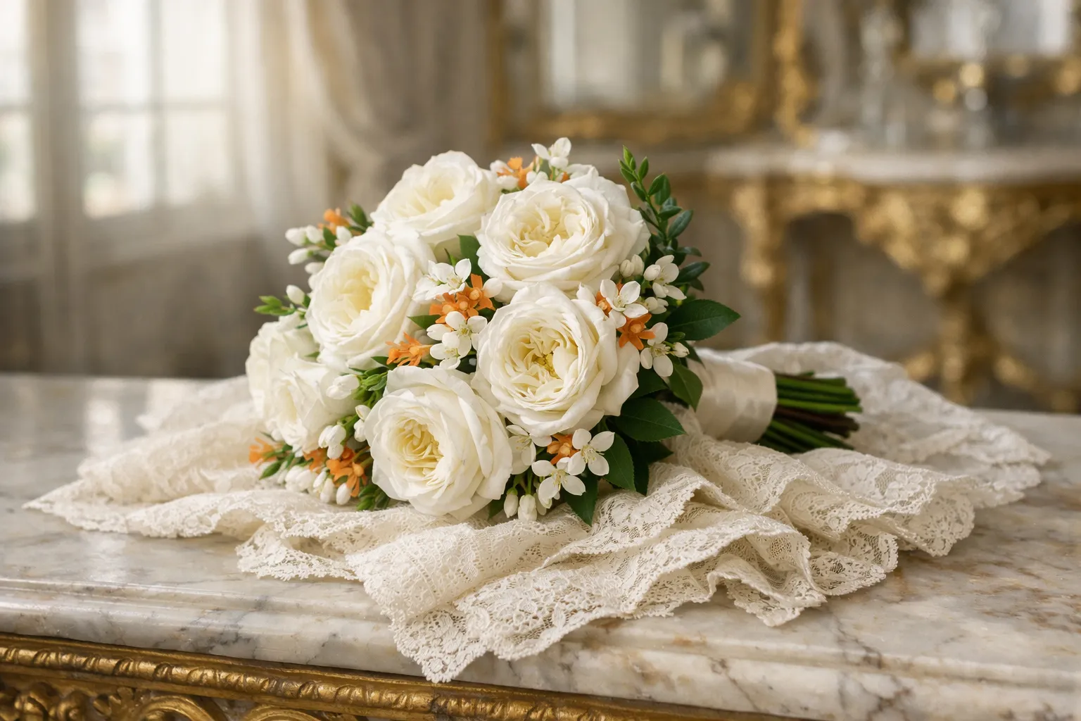 Bouquet de roses blanches et de fleurs d'oranger posé sur un voile de dentelle, sur une console de marbre dans un salon d'apparat