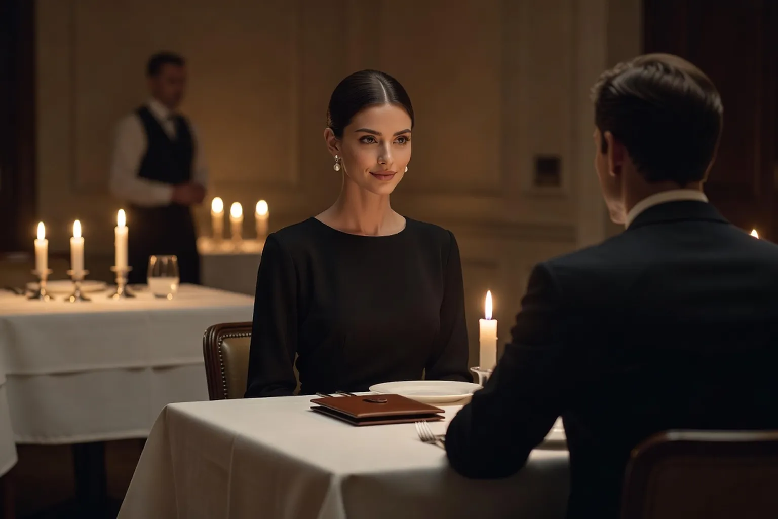 Dîner élégant à la bougie : une femme en robe noire sourit à un homme vu de dos, un portefeuille de cuir contenant l'addition posé sur la table