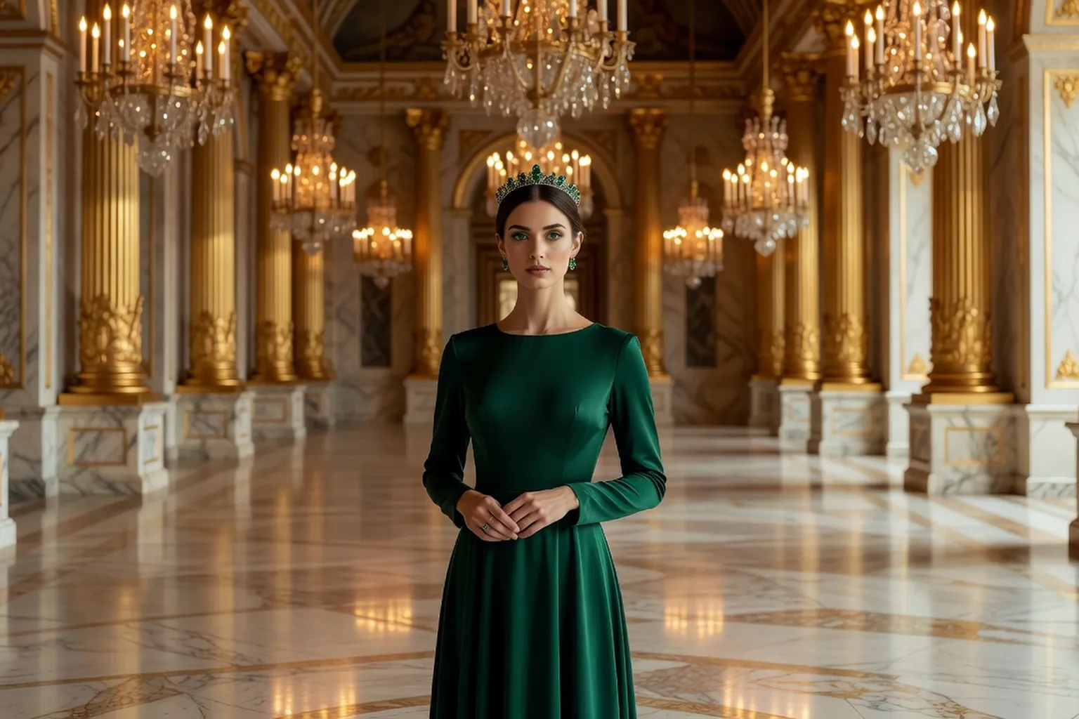 Jeune femme en robe de velours vert et petit diadème, debout dans une galerie de palais aux colonnes dorées et aux lustres de cristal