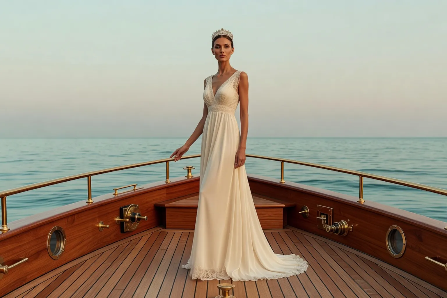Jeune mariée en robe claire et diadème sur le pont en teck d'un ancien yacht royal, mer calme à l'horizon