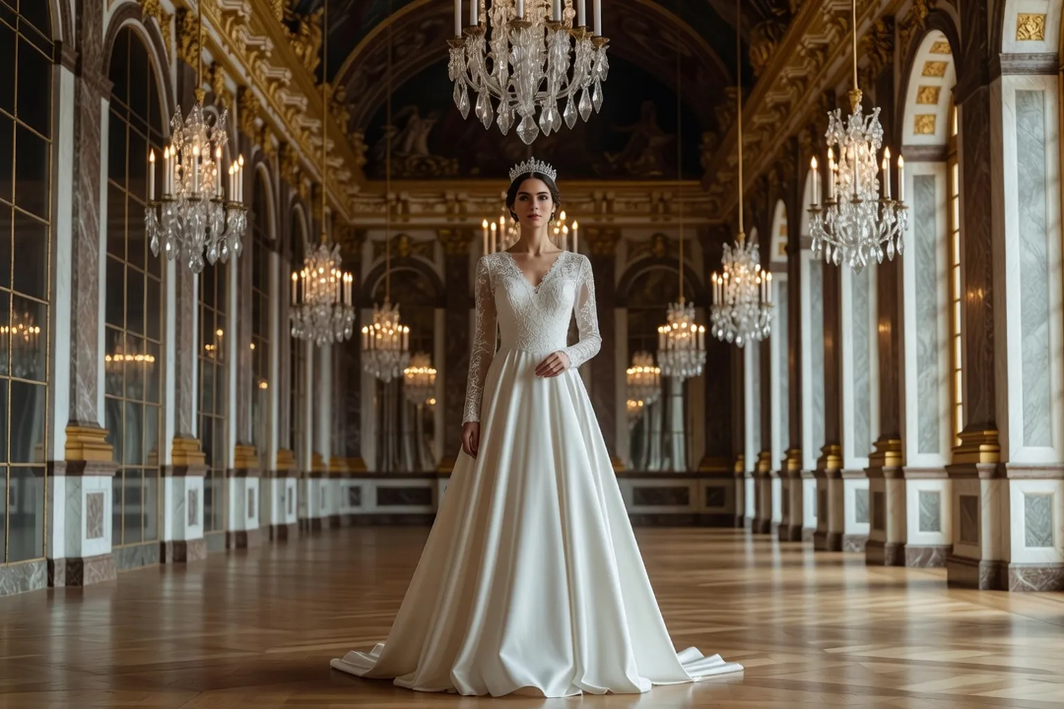 Mariée en robe ivoire à manches de dentelle et diadème, dans une galerie des Glaces de style versaillais