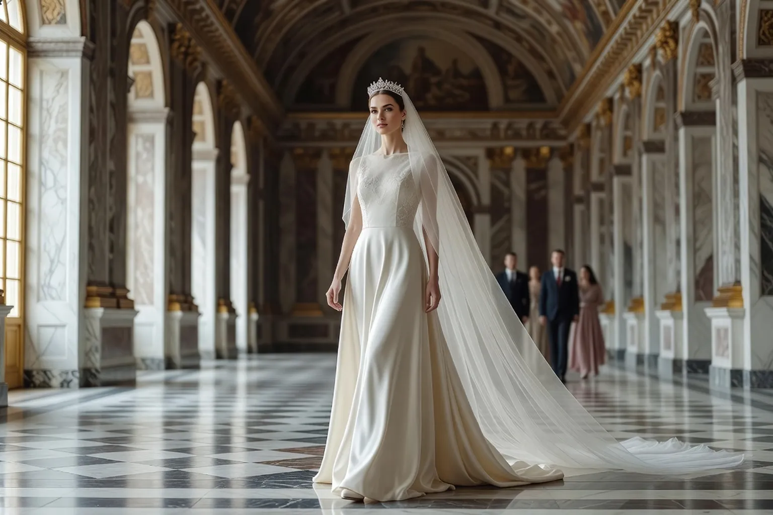 Mariée en robe ivoire, voile et diadème, suivie d'un petit cortège dans une grande galerie palatiale européenne