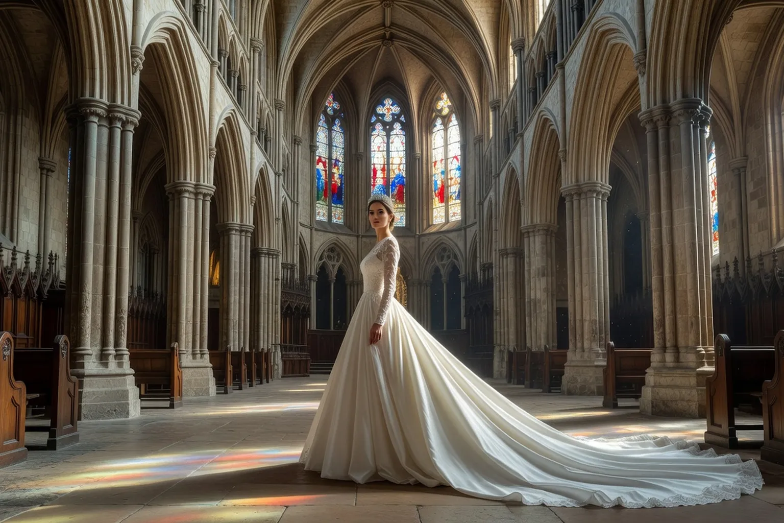 Mariée en robe ivoire à longue traîne, diadème, dans la nef d'une abbaye gothique anglaise éclairée par des vitraux