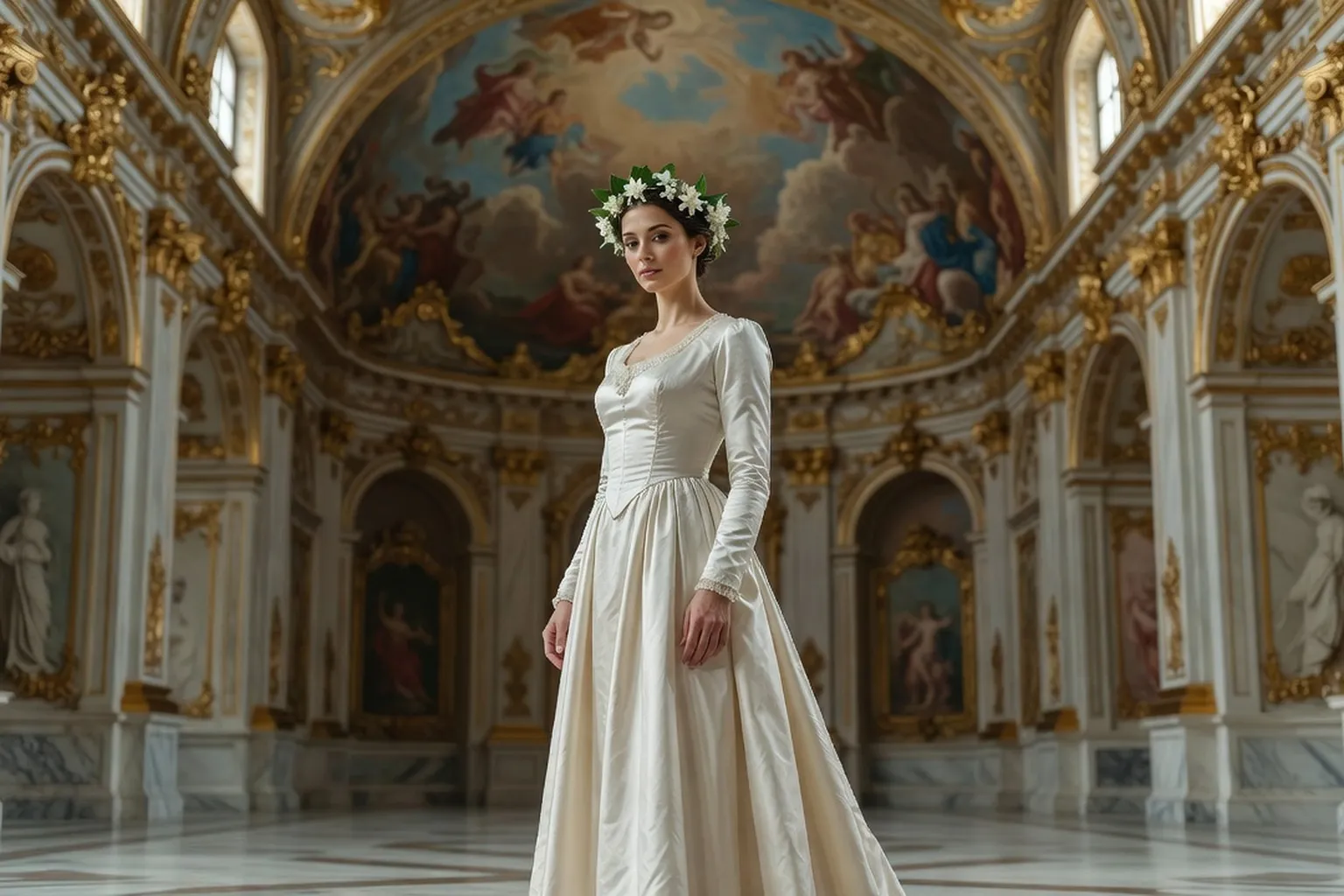 Mariée en robe de style XIXe siècle, couronne de fleurs d'oranger, dans une église baroque viennoise aux stucs dorés