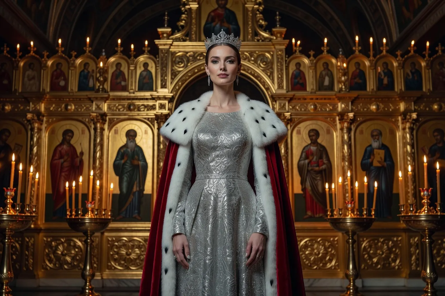 Mariée en robe de brocart d'argent, manteau rouge bordé d'hermine et petit diadème, devant une iconostase dorée de chapelle de palais