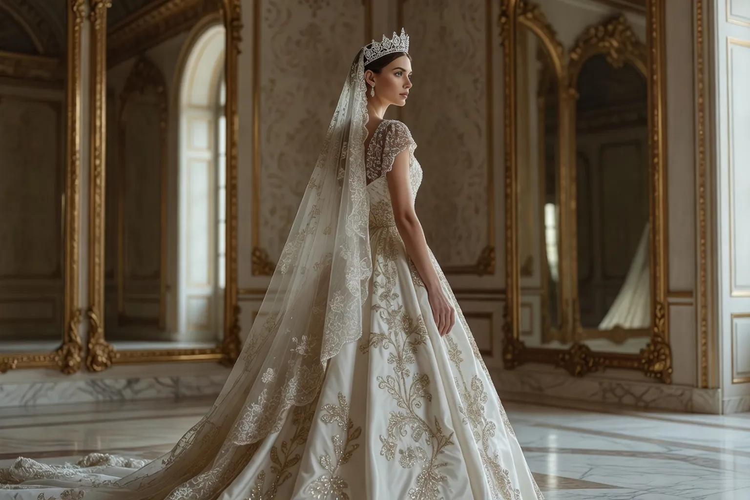 Mariée vue de trois quarts dos : voile de dentelle, diadème et traîne brodée de fils d'or dans un salon d'habillage aux grands miroirs